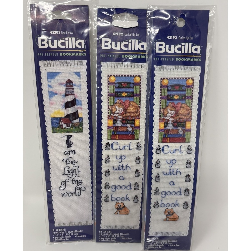 Vintage Bucilla Cross Stitch Bookmark Kits 1-Cat 2-Lighthouse Lot Of 3 Sealed